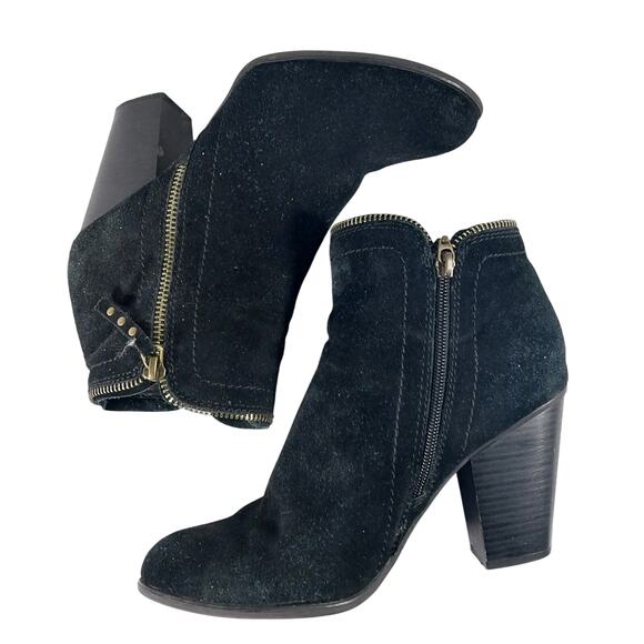 LIMELIGHT! BLACK GENUINE SUEDE LEATHER CHUNKY HEEL 2 ZIPPER ANKLE BOOTS! SZ 9M - Picture 6 of 10